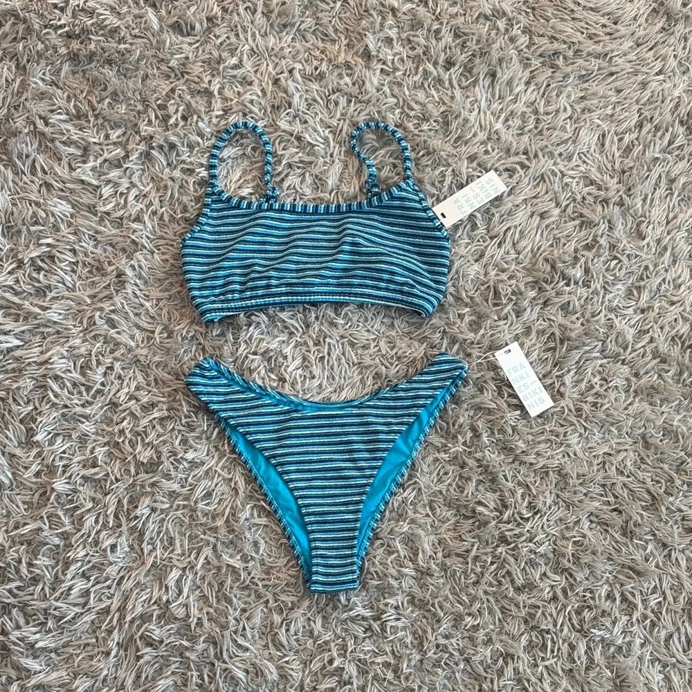 Frankie’s Bikinis Blue Stripe Bay View Terry Top & Dove Terry Bottom Bikini Set